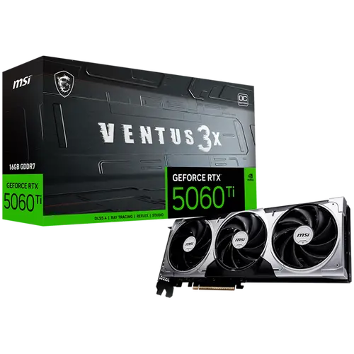 MSI Video Card NVIDIA GeForce RTX 5060 Ti 16G VENTUS 3X OC, 16GB GDDR7, 128-bit, 2617 MHz Boost, 4608 CUDA Cores, PCIe 5.0 (x8), 3x DP 2.1b, HDMI 2.1b, RAY TRACING, Triple Fan, 180W TDP, 8-pin PCIe Power, G-SYNC, 2-Slot, 3Y
