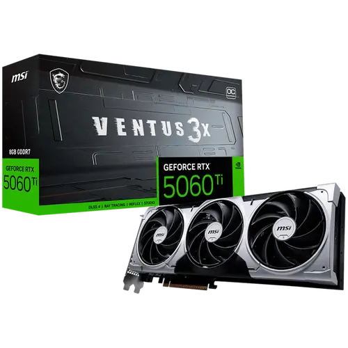 MSI Video Card NVIDIA GeForce RTX 5060 Ti 8G VENTUS 3X OC, 8GB GDDR7, 128-bit, 2617 MHz Boost, 4608 CUDA Cores, PCIe 5.0 (x8), 3x DP 2.1b, HDMI 2.1b, RAY TRACING, Triple Fan, 180W TDP, 8-pin PCIe Power, G-SYNC, 2-Slot, 3Y