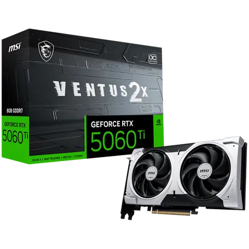MSI Video Card NVIDIA GeForce RTX 5060 Ti 8G VENTUS 2X OC PLUS, 8GB GDDR7, 128-bit, 2617 MHz Boost, 4608 CUDA Cores, PCIe 5.0 (x8), 3x DP 2.1b, HDMI 2.1b, RAY TRACING, Dual Fan, 180W TDP, 8-pin PCIe Power, G-SYNC, 2-Slot, 3Y