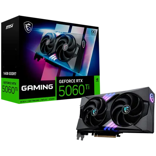 MSI Video Card NVIDIA GeForce RTX 5060 Ti 16G GAMING OC, 16GB GDDR7, 128-bit, 2662 MHz Boost, 4608 CUDA Cores, PCIe 5.0 (x8), 3x DP 2.1b, HDMI 2.1b, RAY TRACING, Dual Fan, 180W TDP, 16-pin PCIe 5.0 (12V-2x6), RGB Lighting, G-SYNC, 2.5-Slot, 3Y