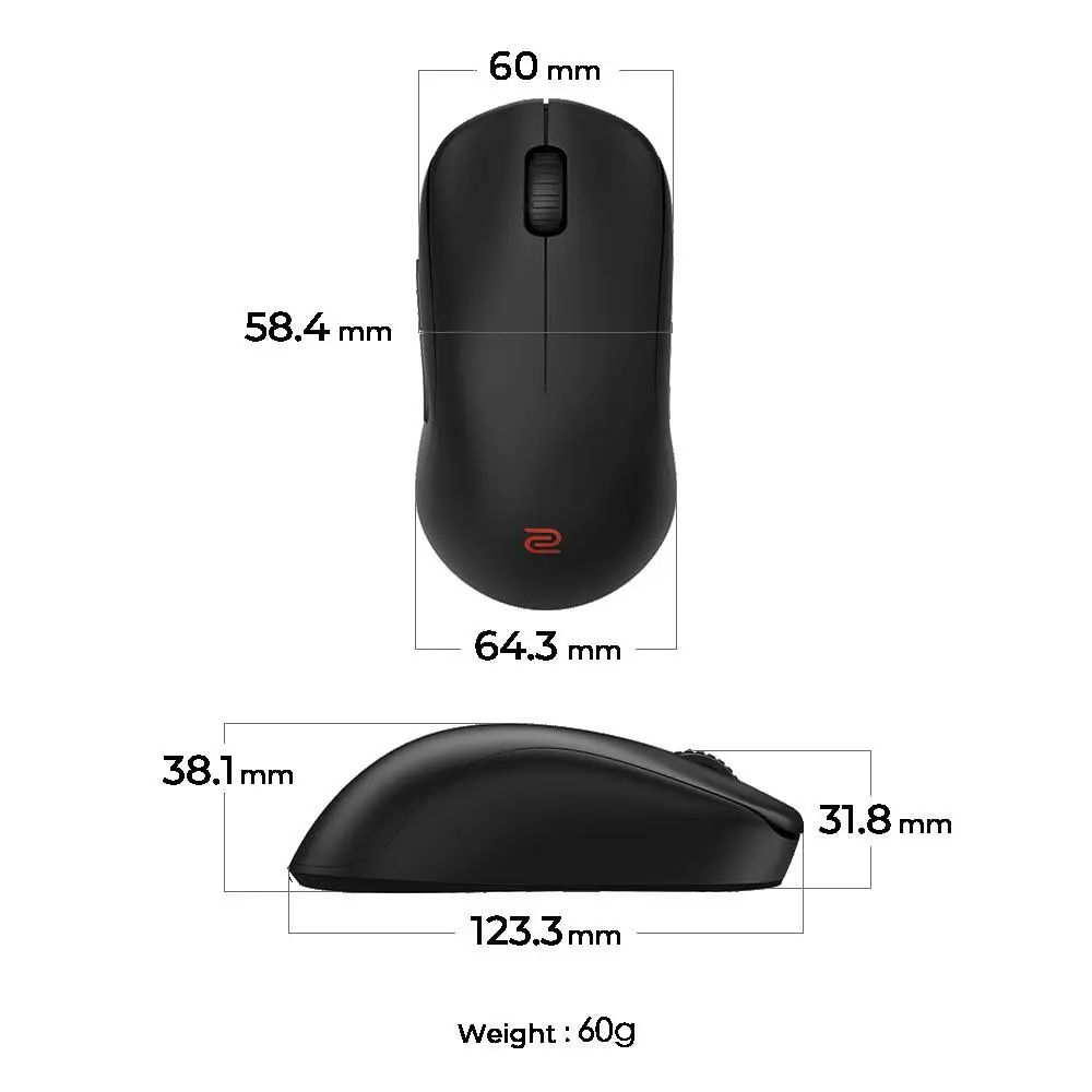 Мишка, BenQ ZOWIE U2-DW 4K Wireless Mouse for Esports, Size M, 60g, up to 4000 Hz, up to 3200 DPI, Symmetrical design, Inward-curved both sides for agility during multi-angle movement, Wireless w/4K enhanced receiver, Driverless, plug and play - image 1