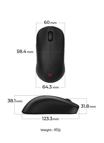 Мишка, BenQ ZOWIE U2-DW 4K Wireless Mouse for Esports, Size M, 60g, up to 4000 Hz, up to 3200 DPI, Symmetrical design, Inward-curved both sides for agility during multi-angle movement, Wireless w/4K enhanced receiver, Driverless, plug and play - image 1