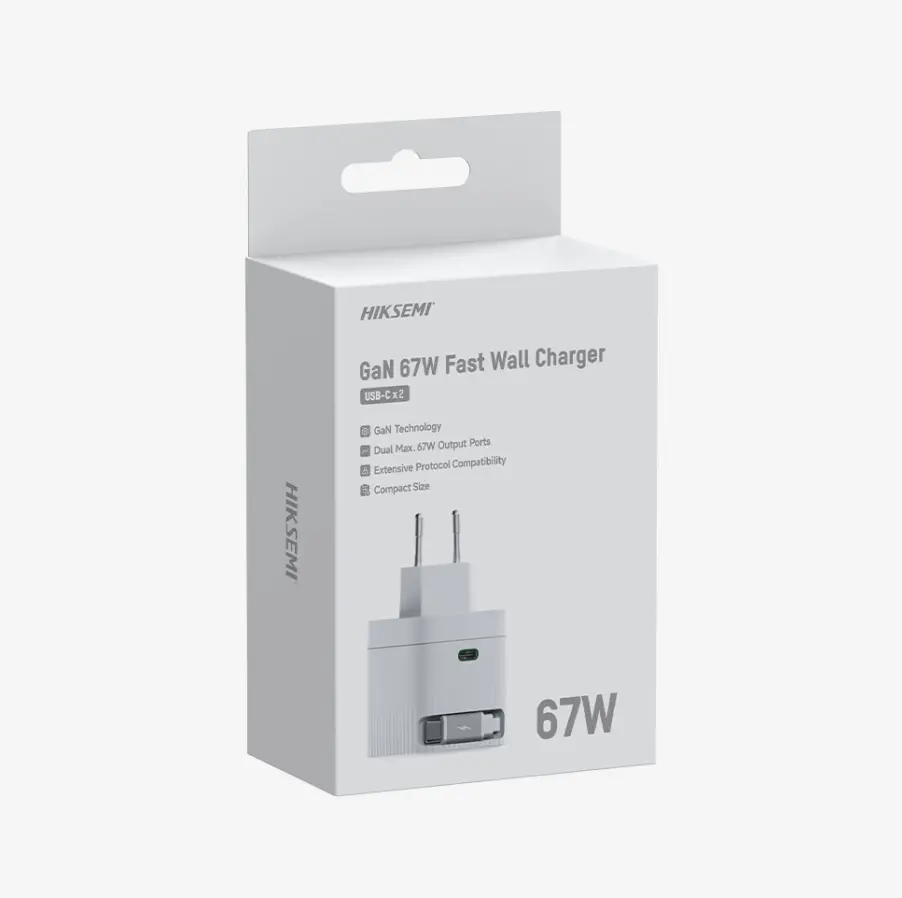 Зарядно устройство, HikVision GaN Fast Charger 2C 67W, USB-C retractable cable & USB C Port, Universal Compatibility (phones, tablets, laptops, switch and other devices), Portable