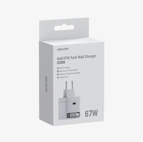 Зарядно устройство, HikVision GaN Fast Charger 2C 67W, USB-C retractable cable & USB C Port, Universal Compatibility (phones, tablets, laptops, switch and other devices), Portable