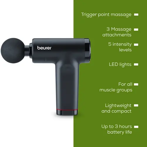 Масажор, Beurer MG 89 MASSAGE GUN CompactPower, Quiet, lightweight & handy deep tissue massager, 5 intensity levels, 3 massage attachments, Up to 4h battery life with LED display - image 1