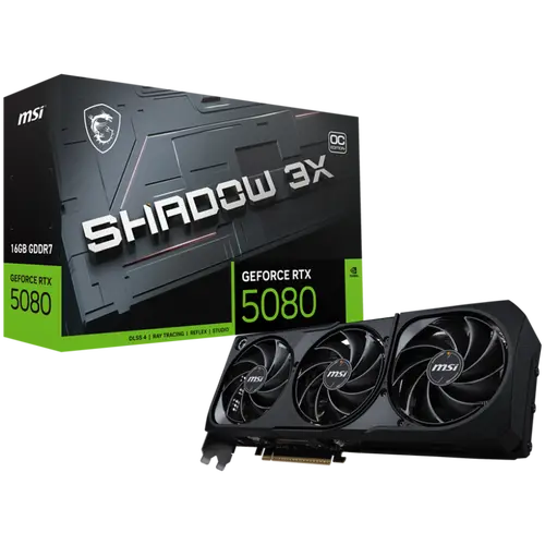 MSI Video Card Nvidia GeForce RTX 5080 16G SHADOW 3X OC, 16GB GDDR7, 256bit, Effective Memory Clock: 30000MHz, Boost: 2640 MHz, 10752 CUDA Cores, PCIe 5.0, 3x DP 2.1b, HDMI 2.1b, RAY TRACING, Triple Fan, 1x16pin, 850W Recommended PSU, 3Y