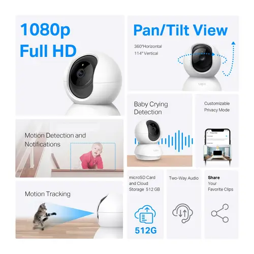 Камера TP-Link Tapo C200C, Pan/Tilt, 1080p, ден/нощ до 9м., Micro SD, микрофон - image 1