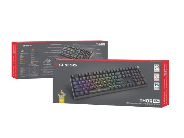 Клавиатура, Genesis Mechanical Gaming Keyboard Thor 404 Black RGB Backlight Gateron Yellow Pro, US Layout - image 3