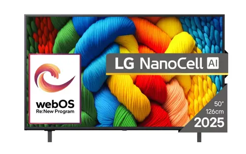 Телевизор, LG 50NANO80A3B, 50" 4K HDR Smart Nano Cell TV, 3840x2160, DVB-T2/C/S2, AI Alpha 7, HDR 10 PRO, webOS 25, ThinQ AI, VRR, ALLM, HGiG, WiFi, Clear Voice, AI Upscaling, Bluetooth, Hdmi e-ARC , CI, LAN, AirPlay2, Chromecast, 2 Pole stand, Black