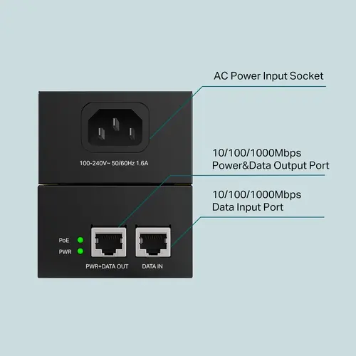 PoE Инжектор TP-Link POE170S, IEEE 802.3af/at/bt, 2xGbE ports, 60W - image 2