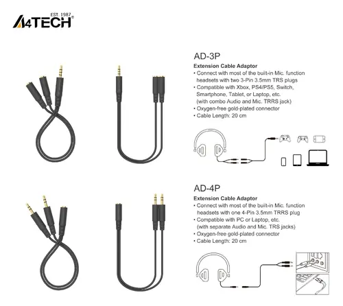 A4Tech Αντάπτορας AD-3P βύσμα 3.5mm αρσενικό - 2 x βύσμα 3.5mm θηλυκό - 3