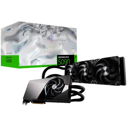 MSI Video Card NVIDIA GeForce RTX 5090 32G SUPRIM LIQUID SOC, 32GB GDDR7, 512-bit, 2580 MHz Boost (Gaming Mode), 21760 CUDA Cores, PCIe 5.0 x16, 3x DP 2.1b, HDMI 2.1b, RAY TRACING, Hybrid Liquid Cooling, 600W TDP, 16-pin PCIe Power, G-SYNC, 3Y