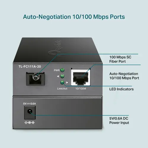 Конвертор TP-LINK FC111A-20, 10/100Mbps RJ45 към 100Mbps SM SC влакно, 20км - image 2