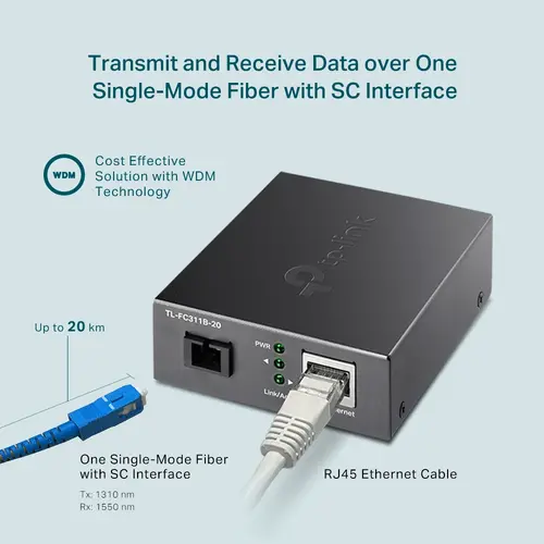Конвертор TP-LINK FC311B-20 1GbE RJ45 към Gigabit SM SC,Tx1310/Rx1550nm 20km - image 6