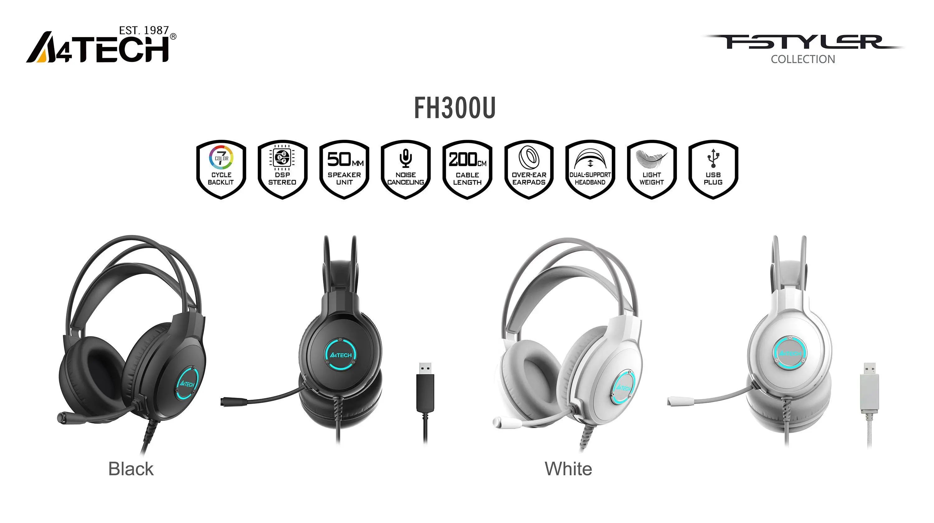 A4tech Fstyler FH300U Căști cu microfon USB, Noice Cancelling, alb - image 2