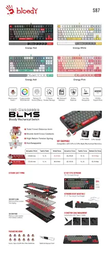 А4tech Геймърска механична клавиатура Bloody Naraka S87  TKL Backlit Red Switch , USB - image 3