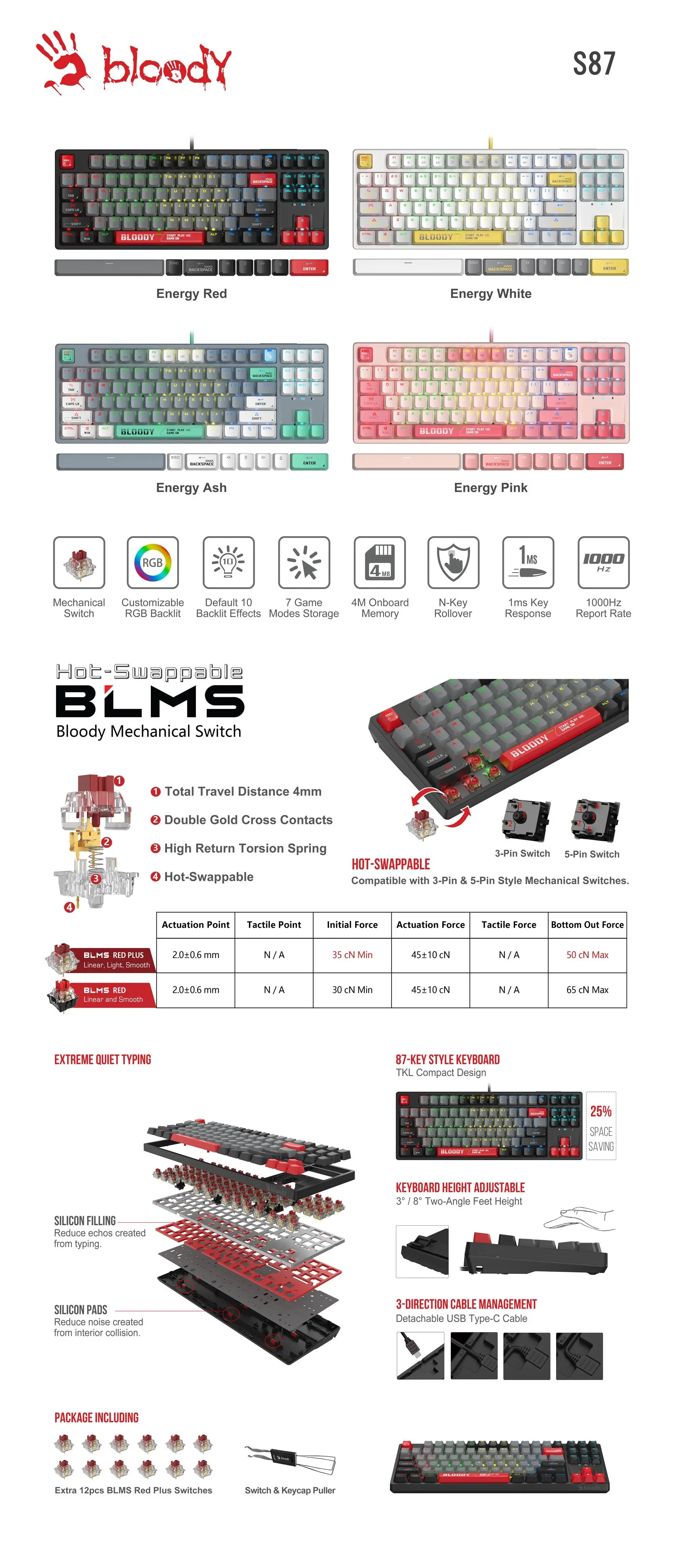А4tech Геймърска механична  клавиатура Bloody Energy Pink S87 BLMS TKL RGB Backlit red switch , USB - image 3
