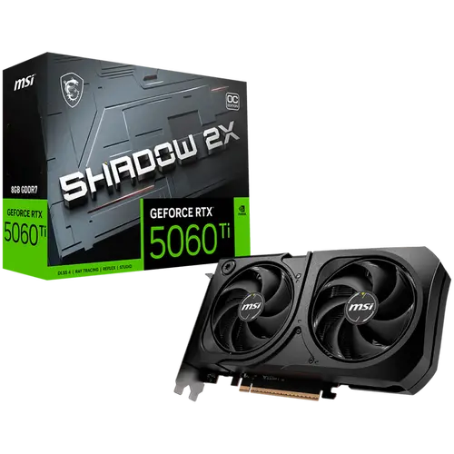 MSI Video Card NVIDIA GeForce RTX 5060 Ti 8G SHADOW 2X OC PLUS, 8GB GDDR7, 128-bit, 2617 MHz Boost, 4608 CUDA Cores, PCIe 5.0 (x8), 3x DP 2.1b, HDMI 2.1b, RAY TRACING, Dual Fan, 180W TDP, 8-pin PCIe Power, G-SYNC, 2-Slot, 3Y