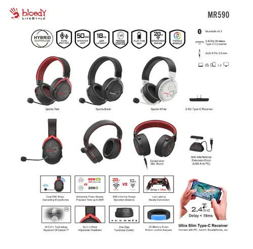 A4tech Bloody MR-590 Ασύρματα gaming ακουστικά με μικρόφωνο, Bluetooth, υποδοχή 3.5mm, κόκκινο - 3