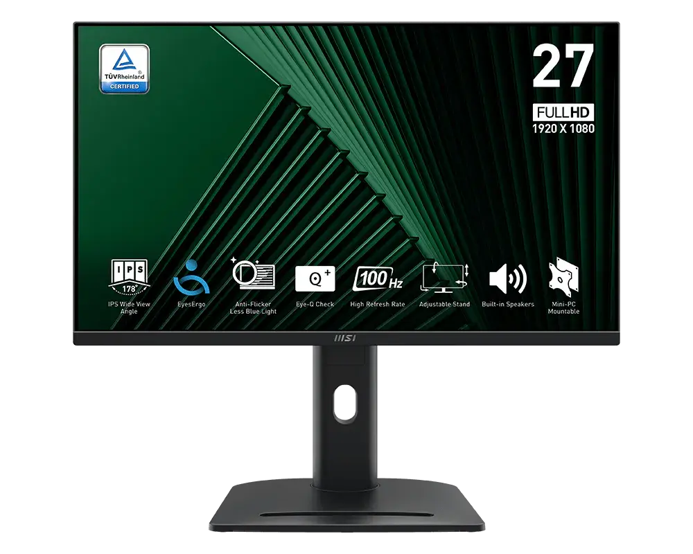 Монитор, MSI PRO MP275PG, 27", 1ms, 100Hz, IPS, 1920x1080 (FHD), 16:9, FLAT, Adaptive-Sync, MSI Power Link, EyesErgo, 78% SRGB, AG, 300 nits, 1000:1, DP (1.2a), HDMI 1.4b, VGA, Line-in, Speakers 2x2W, Pivot, Heigh Adj. 130 mm, VESA, Black, 6.03kg