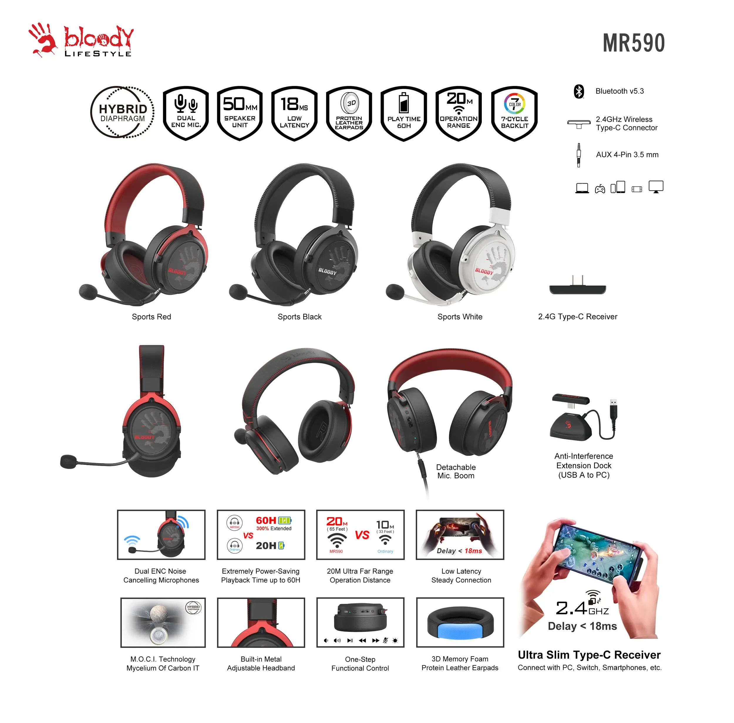 A4tech Bloody МR-590 Геймърски безжични слушалки с микрофон,Bluetooth 3.5мм жак, бял - image 2