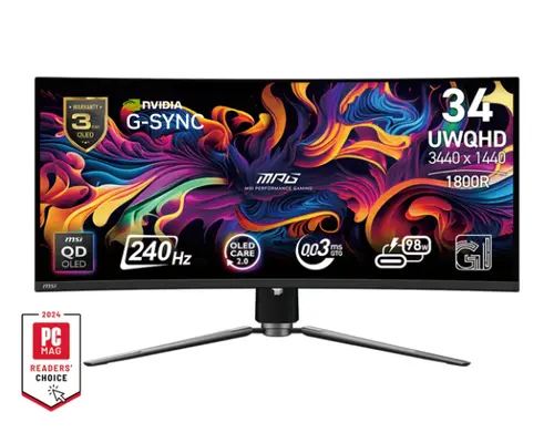 Монитор, MSI MPG 341CQPX QD-OLED, 34.18", 0.03ms, 240Hz, 3440x1440(UWQHD), 21:9, CURVE 1800R, AR, FreeSync Premium Pro, CLEARMR 13000, HDR True Black 400, 1000 nits, 3000:1, DCR 150M:1, DP(1.4a), 2xHDMI 2.1, TypeC DP w/PD(98W), USB hub, Heigh Adj., Black, 8.8kg