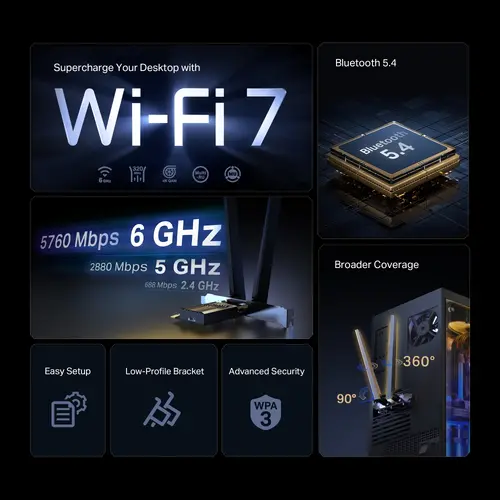 Безжичен адаптер TP-LINK Archer TBE552E, BE9300, Wi-Fi 7,Bluetooth 5.4, PCI Exp. - image 3