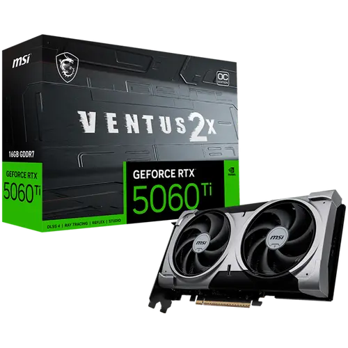 MSI Video Card NVIDIA GeForce RTX 5060 Ti 16G VENTUS 2X OC PLUS, 16GB GDDR7, 128-bit, 2602 MHz Boost, 4608 CUDA Cores, PCIe 5.0 (x8), 3x DP 2.1b, HDMI 2.1b, RAY TRACING, Dual Fan, 180W TDP, 8-pin PCIe Power, G-SYNC, 2-Slot, 3Y