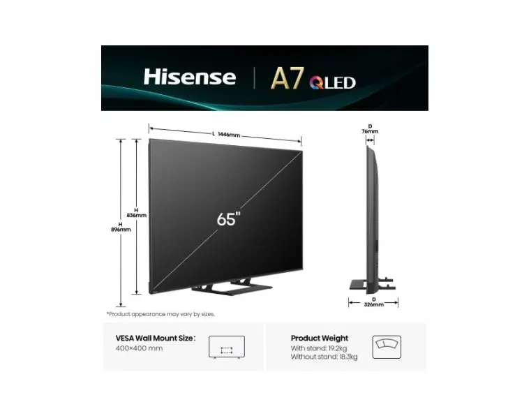 Телевизор, Hisense 65" A7Q, 4K Ultra HD 3840x2160, QLED, HDR 10+, HLG, Dolby Vision, Dolby Atmos, Smart TV, Light Sensor, WiFi Direct, BT, Anyview Cast, 3xHDMI, 2xUSB, LAN, CI+, DVB-T2/C/S2, Black - image 1