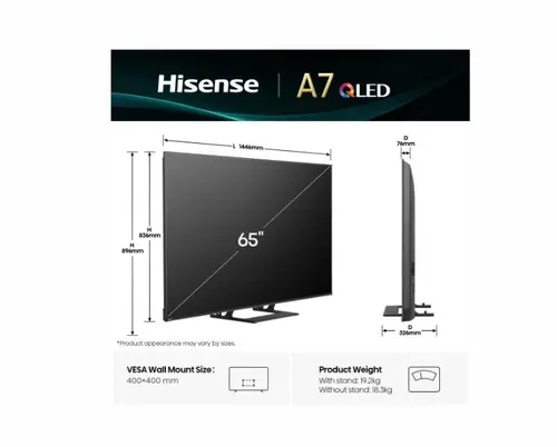 Телевизор, Hisense 65" A7Q, 4K Ultra HD 3840x2160, QLED, HDR 10+, HLG, Dolby Vision, Dolby Atmos, Smart TV, Light Sensor, WiFi Direct, BT, Anyview Cast, 3xHDMI, 2xUSB, LAN, CI+, DVB-T2/C/S2, Black - image 1