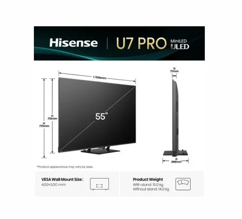 Телевизор, Hisense 55"U7Q Pro, 4K Ultra HD 3840x2160, ULED, FALD, Quantum Dot, 165Hz, IPS, HDR 10+, HLG, Dolby Vision IQ, Dolby Atmos, Smart TV, WiFi 5GHz, WiFi Direct, BT, Anyview Cast,light sensor,Solar Powered Remote, 4xHDMI, 2xUSB, LAN, CI+, DVB-T2/C/S2, Black - image 1