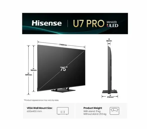 Телевизор, Hisense 75"U7Q Pro, 4K Ultra HD 3840x2160, ULED, FALD, Quantum Dot, 165Hz, IPS, HDR 10+, HLG, Dolby Vision IQ, Dolby Atmos, Smart TV, WiFi 5GHz, WiFi Direct, BT, Anyview Cast,light sensor,Solar Powered Remote, 4xHDMI, 2xUSB, LAN, CI+, DVB-T2/C/S2, Black - image 1