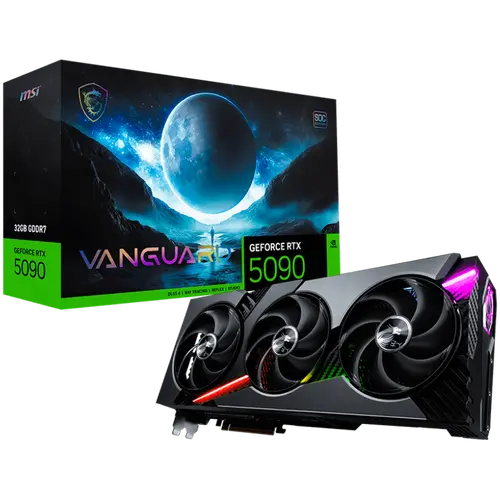 MSI Video Card Nvidia GeForce RTX 5090 32G VANGUARD SOC, 32GB GDDR7, 512bit, Effective Memory Clock: 28000MHz, Boost: 2512 MHz, 21760 CUDA Cores, PCIe 5.0, 3x DP 2.1b, HDMI 2.1b, RAY TRACING, Triple Fan, 1x16pin, 1000W Recommended PSU, 3Y