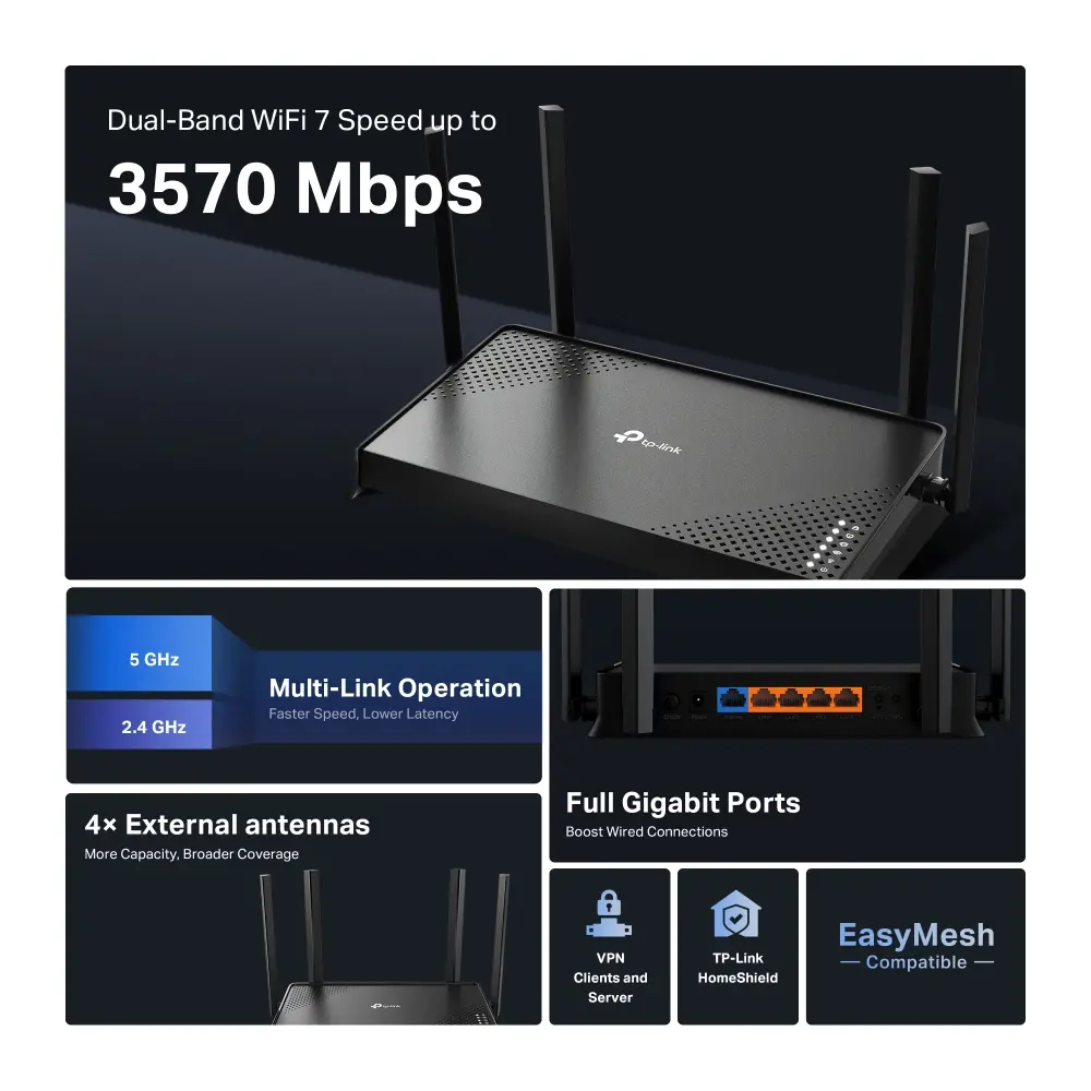 Безжичен рутер TP-Link Archer BE220,BE3600,WiFi7,1x1 Gb.WAN port,4x1 Gb.LAN - image 3
