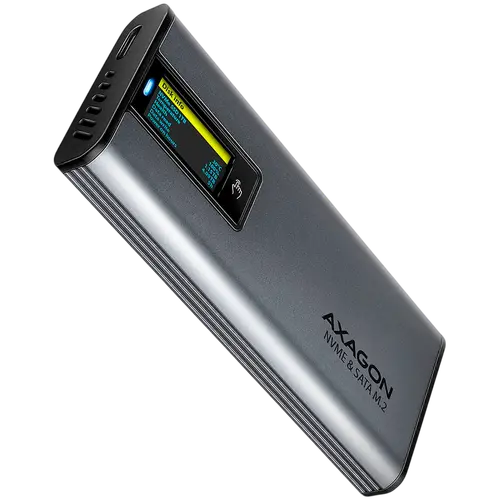 AXAGON EEM2-SD2 USB-C 3.2 Gen 2 - M.2 NVMe / SATA SSD 30-80mm ALU box grey, LCD display