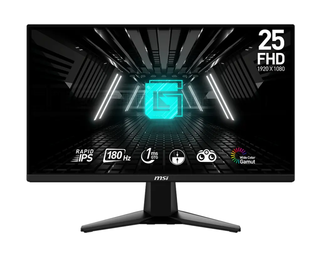 Монитор, MSI G255F, 24.5", Rapid IPS, 180Hz, 1ms, 1920x1080 FHD, Anti-glare, Adaptive-sync, Night Vision, Frameless, Anti-Flicker, Less Blue Light, 300 nits, 1000:1, 100M:1, 1x Display Port (1.2a), 2x HDMI (2.0b), Headphone out, Tilt, FRAMELESS, 3.24 kg