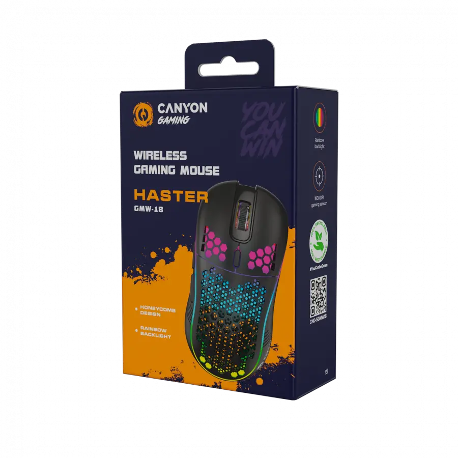 Canyon 7keys Gaming 2.4G wireless mouse, KA8 sensor, DPI up to 1600, rubber coating on panel, Huano 1million switch, 45cm PVC cable, ABS material. 400mAh battery, size: 125.8*63.7*41mm, weight: 95g, Black - image 6