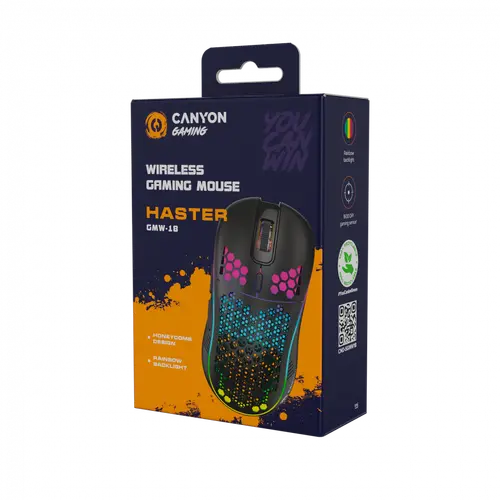 Canyon 7keys Gaming 2.4G wireless mouse, KA8 sensor, DPI up to 1600, rubber coating on panel, Huano 1million switch, 45cm PVC cable, ABS material. 400mAh battery, size: 125.8*63.7*41mm, weight: 95g, Black - image 6