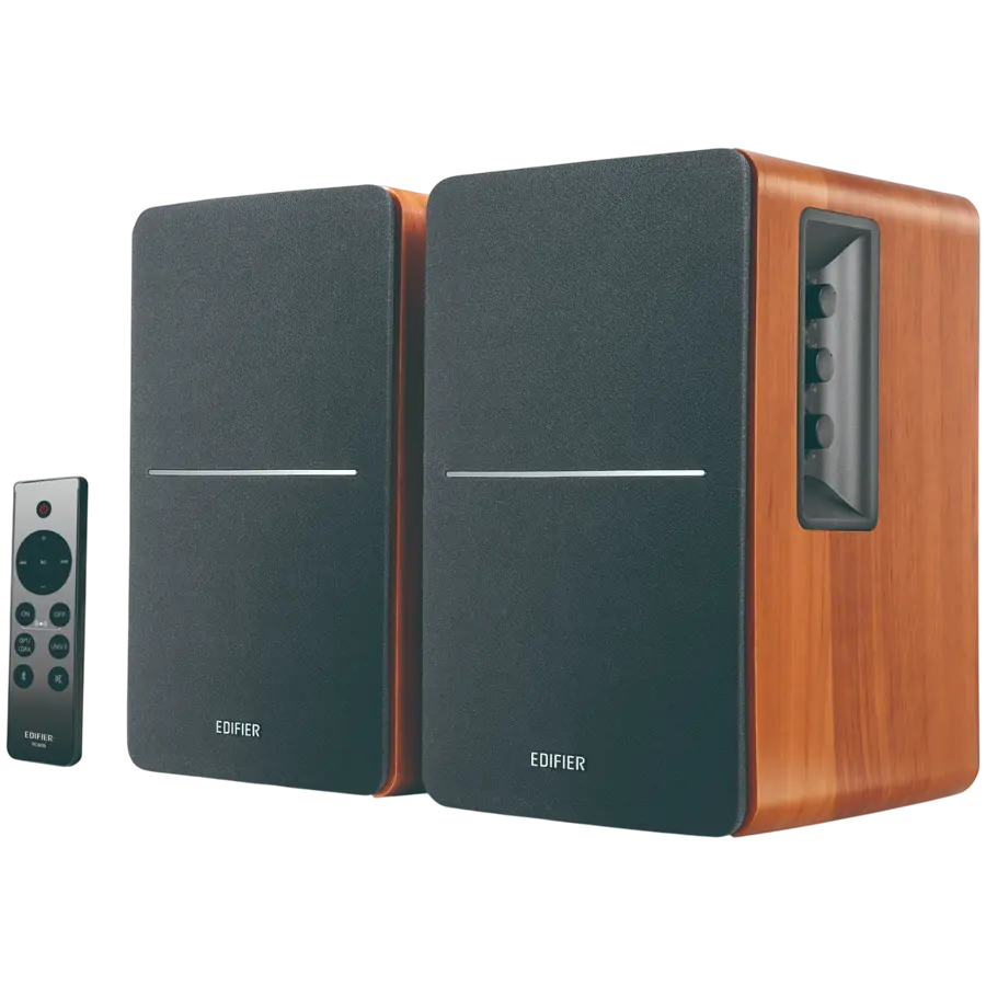 Edifier R1280DBs 2.0 Bookshelf Speakers, BT V5.1, Optical, Coaxial, RCA, 0.5-inch Tweeters, 4-inch Drivers, Sub-Out, 42W (RMS), Control Knobs and Remote Control, Brown
