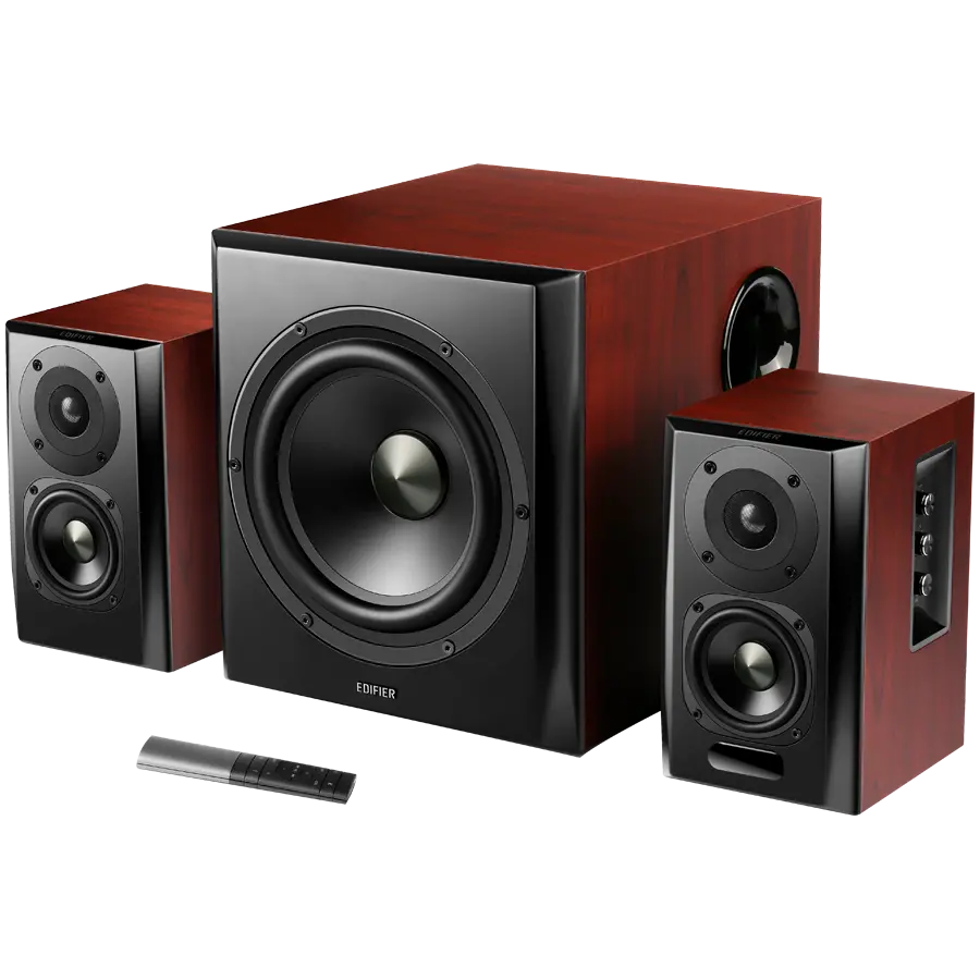 Edifier S350DB 2.1 Audio System, BT V5.1, Optical, Coaxial, RCA, 8-inch Subwoofer, 3.5-inch Drivers, 0.75-inch Tweeters, 70W (RMS), Control Knobs and Remote Control, Brown - image 1