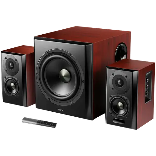 Edifier S350DB 2.1 Audio System, BT V5.1, Optical, Coaxial, RCA, 8-inch Subwoofer, 3.5-inch Drivers, 0.75-inch Tweeters, 70W (RMS), Control Knobs and Remote Control, Brown - image 1