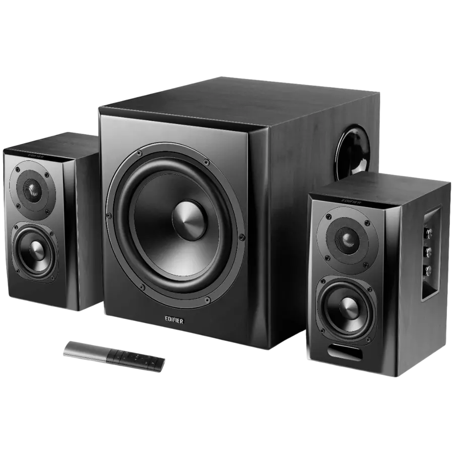 Edifier S351DB 2.1 Audio System, BT V5.1, Optical, Coaxial, RCA, 8-inch Subwoofer, 3.5-inch Drivers, 0.75-inch Tweeters, 150W (RMS), Control Knobs and Remote Control, Black - image 1