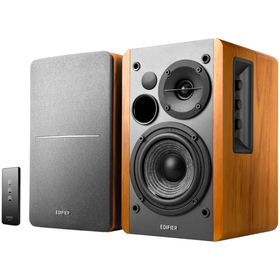 Edifier R1280T 2.0 Bookshelf Speakers, RCA, 0.5-inch Tweeters, 4-inch Drivers, 42W (RMS), Control Knobs and Remote Control, Brown