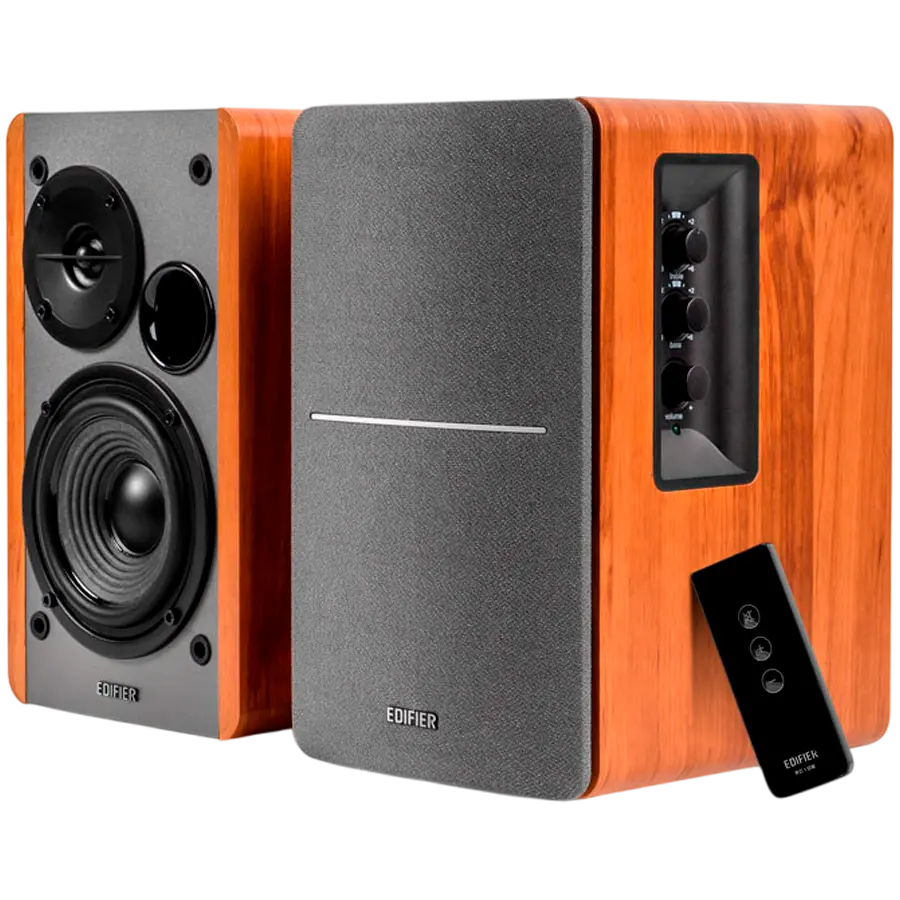 Edifier R1280T 2.0 Bookshelf Speakers, RCA, 0.5-inch Tweeters, 4-inch Drivers, 42W (RMS), Control Knobs and Remote Control, Brown - image 1
