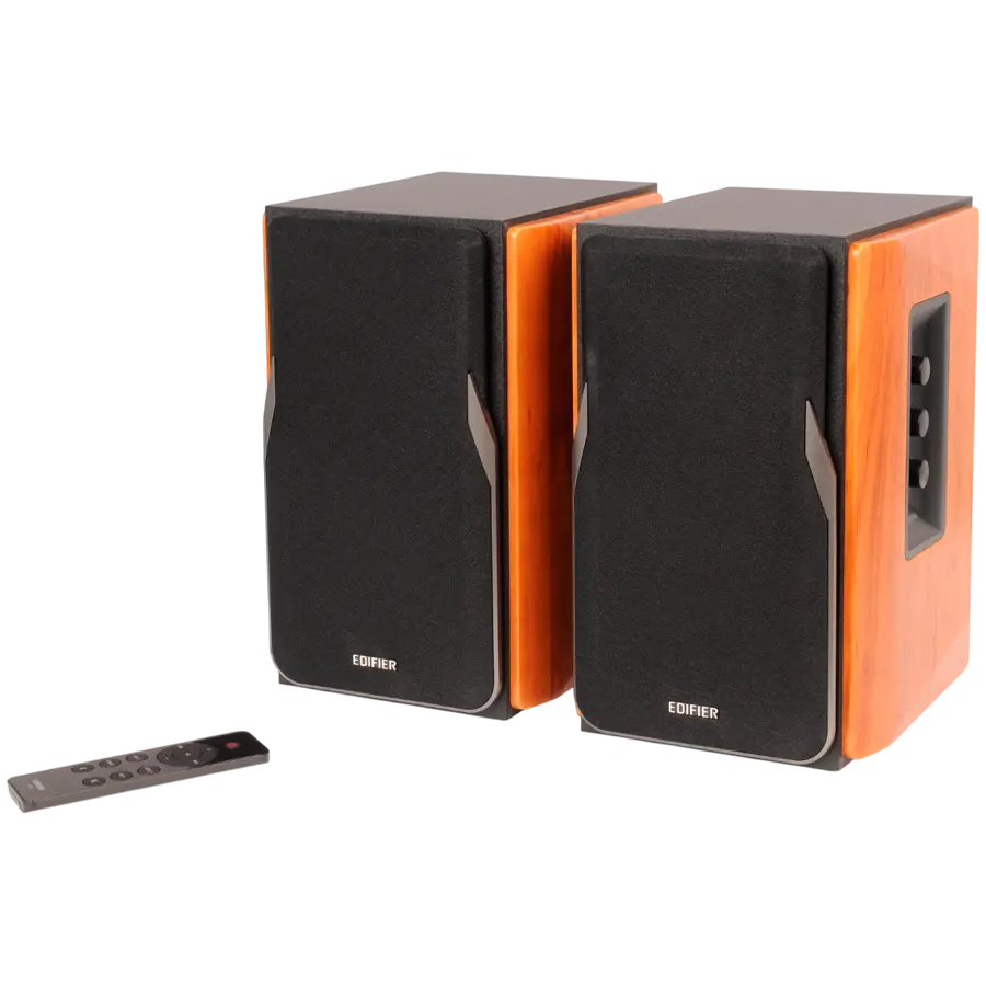 Edifier R1380DB 2.0 Bookshelf Speakers, BT V5.1, Optical, Coaxial, RCA, 1-inch Tweeters, 4-inch Drivers, 42W (RMS), Control Knobs and Remote Control, Brown - image 1