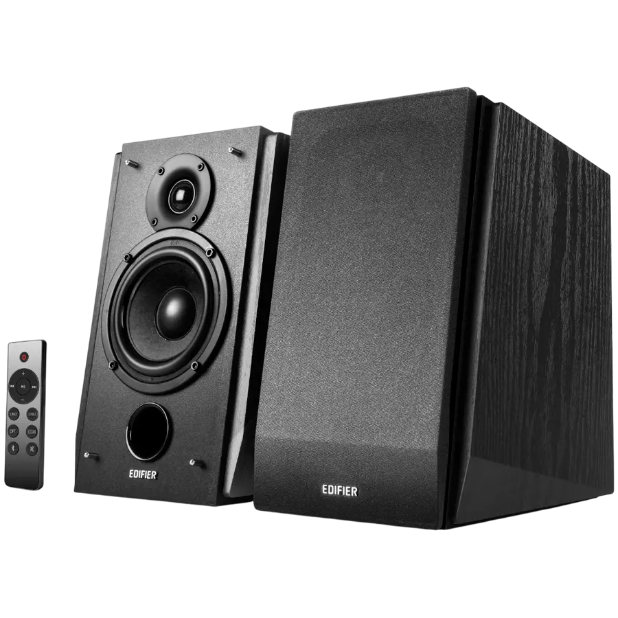 Edifier R1855DB 2.0 Bookshelf Speakers, BT V5.1, Optical, Coaxial, RCA, 0.75-inch Tweeters, 4-inch Drivers, Sub-Out, 70W (RMS), Control Knobs and Remote Control, Matte Black - image 1