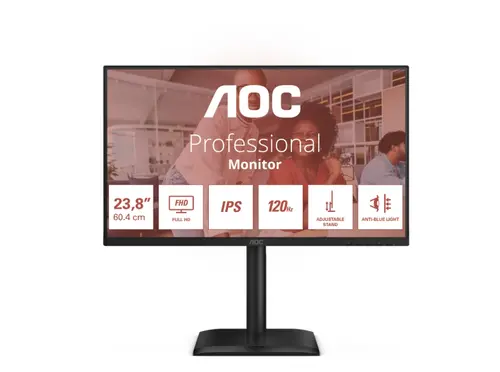 Монитор, AOC 24E4U, 23.8" IPS WLED, 1920x1080@120Hz, 4ms GtG, 300cd m/2, 1500:1, 20M:1 DCR, Adaptive Sync, FlickerFree, Anti Blue Light, 2Wx2, Tilt, Height Adjust, Pivot, Swivel, D-SUB, HDMI, USB Hub