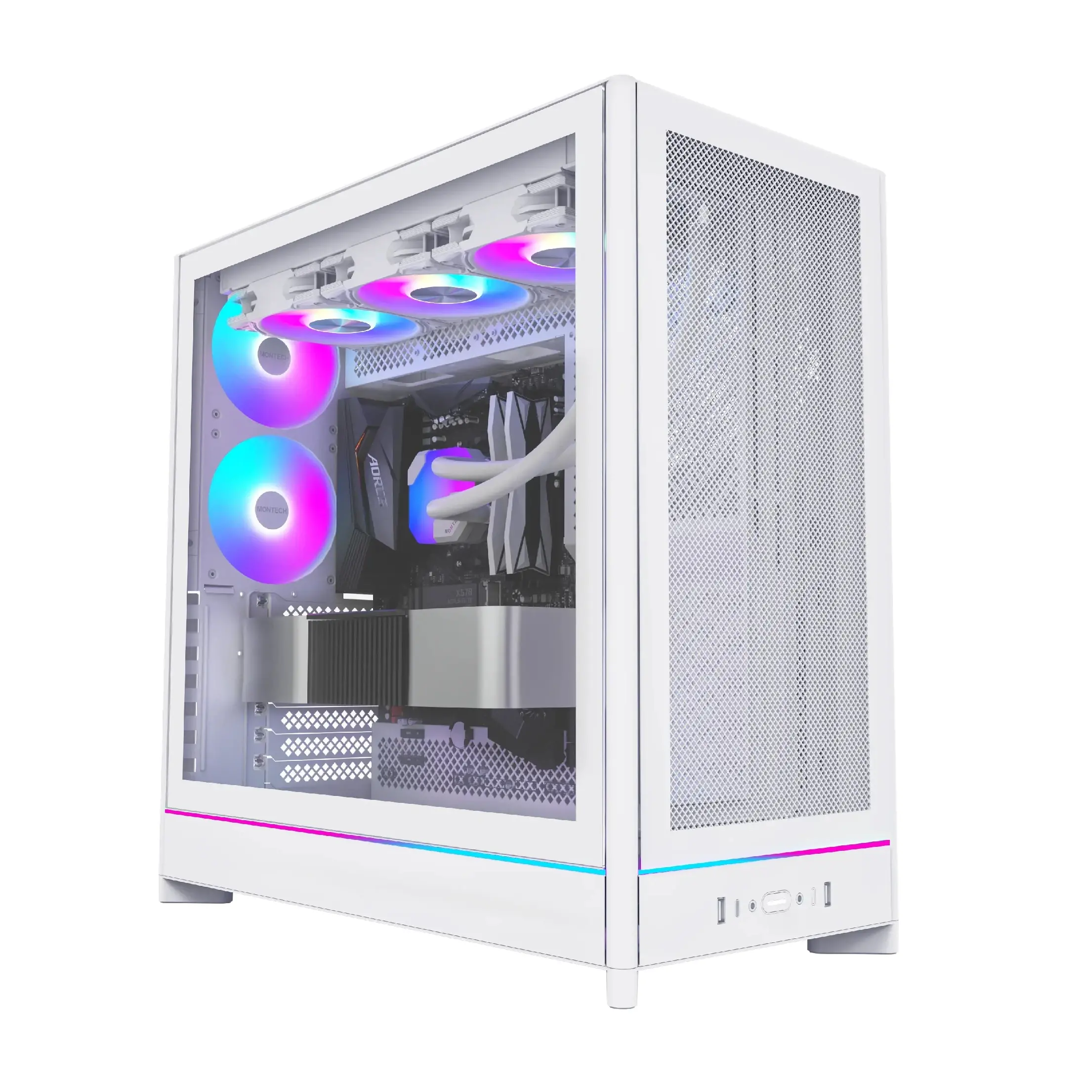 Montech кутия Case ATX - HS01 PRO (W) - 5 x 120 mm ARGB Fans, USB-C, White