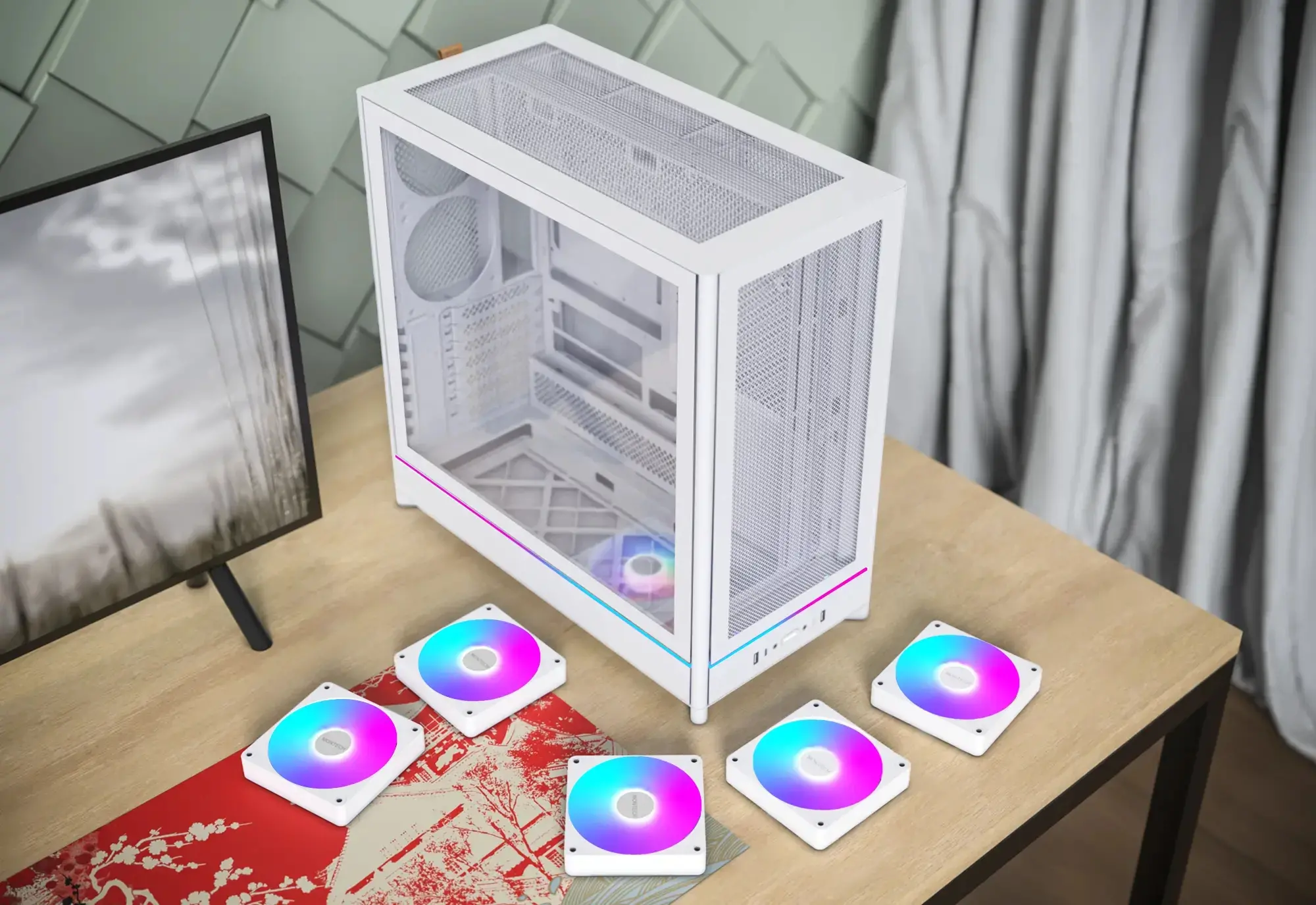 Montech кутия Case ATX - HS01 PRO (W) - 5 x 120 mm ARGB Fans, USB-C, White - image 9