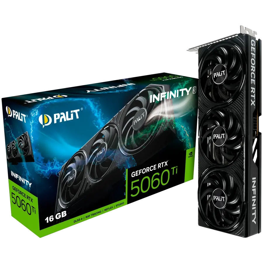 PALIT GeForce RTX 5060 Ti Infinity 3 16GB GDDR7 128 bit, 1x HDMI 2.1b, 3x DP 2.1b, 3 ventilatoare, 1x conector de alimentare 8-pin, 600W, 291.9